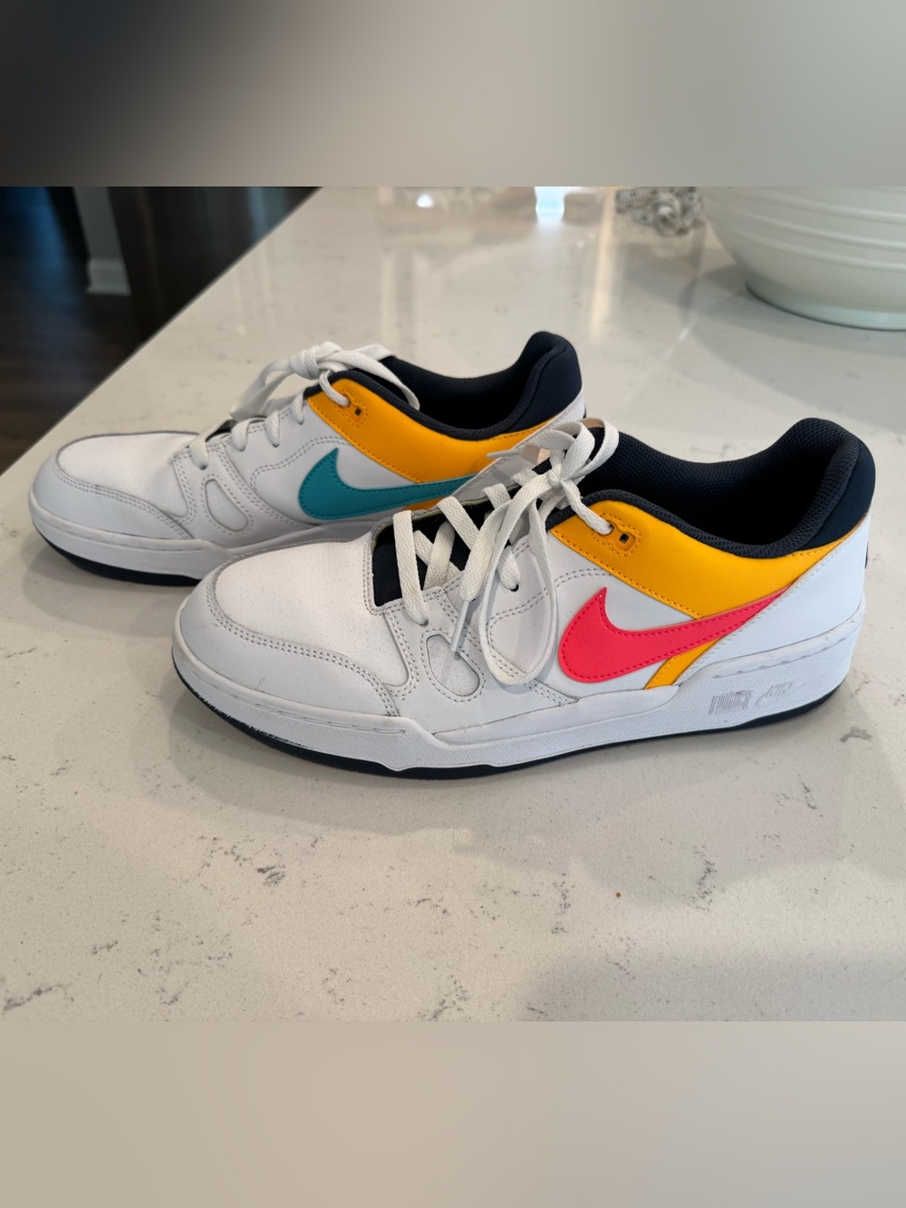 Nike Full Force Low-Top Men’s Sneakers in White with Pink, Teal & Yellow Accents